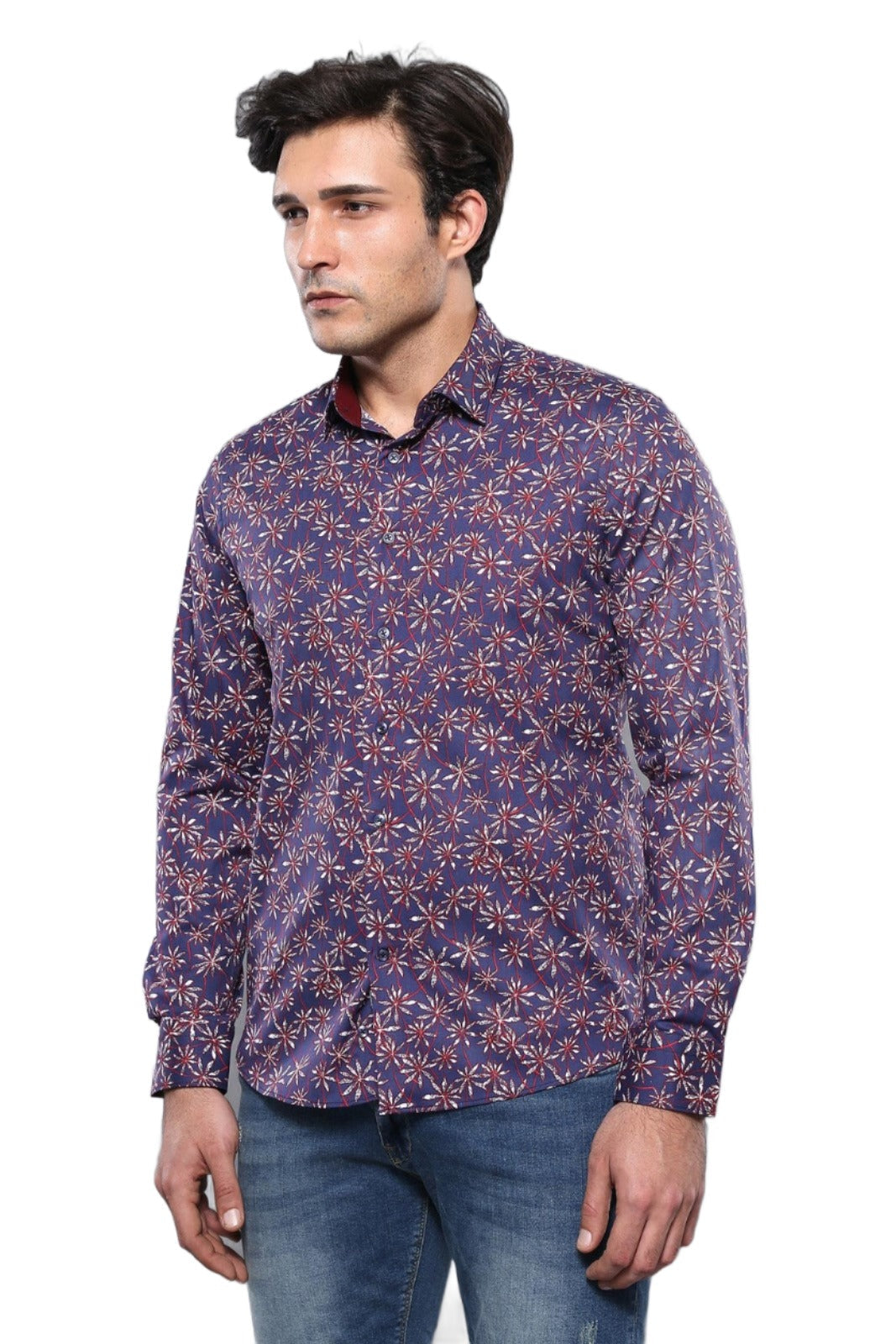 Flower Patterned Long Sleeves Navy Blue Men Shirt - Wessi