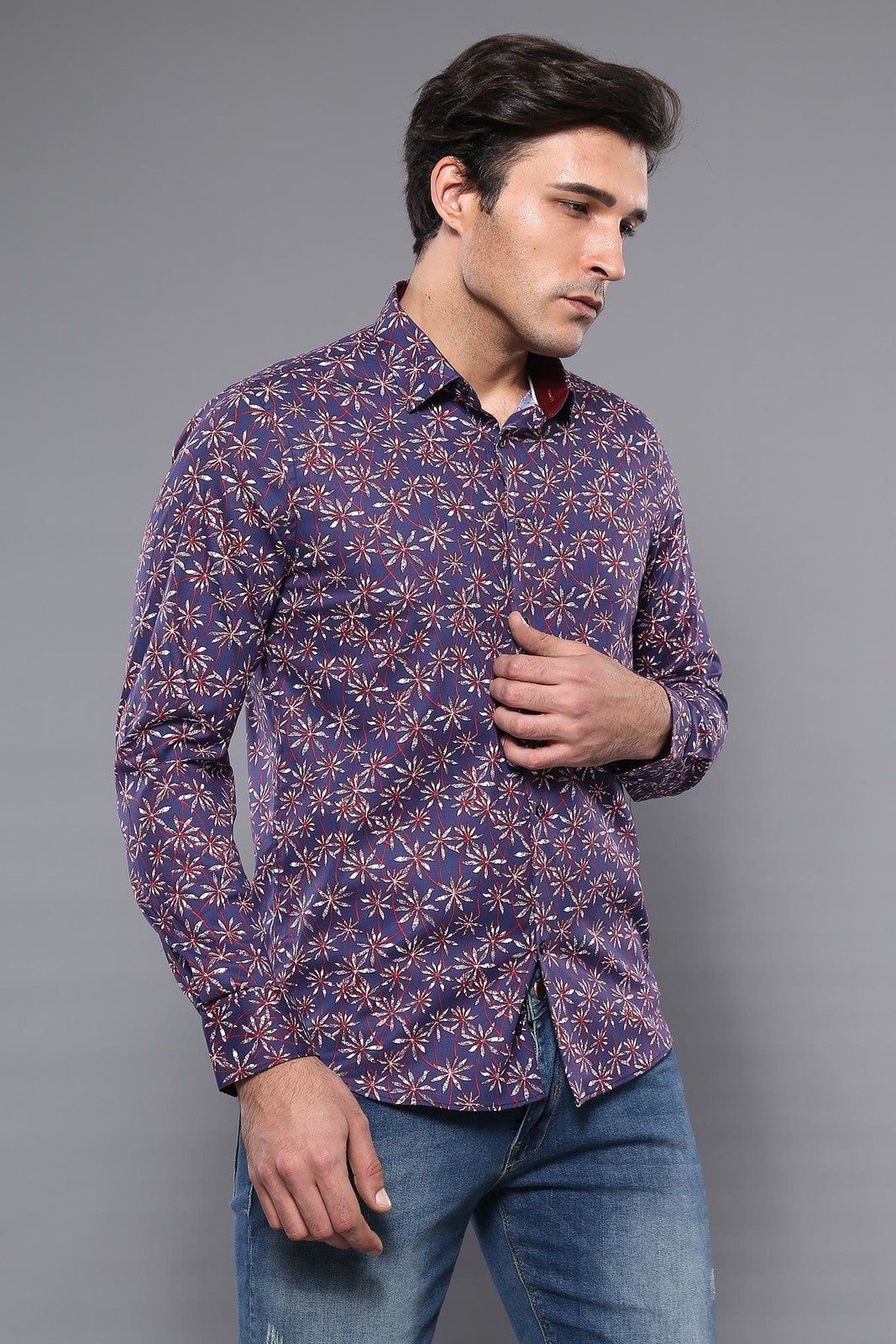 Flower Patterned Long Sleeves Navy Blue Men Shirt - Wessi
