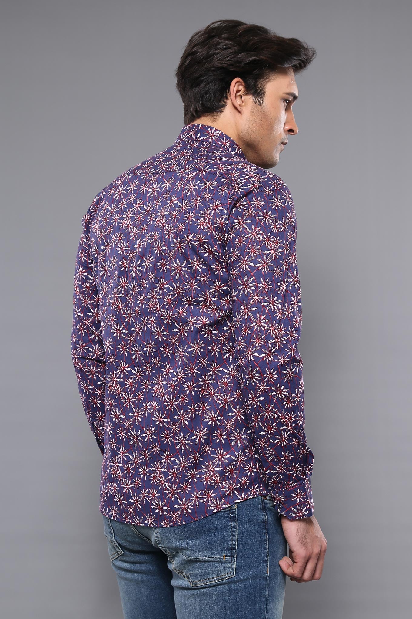 Flower Patterned Long Sleeves Navy Blue Men Shirt - Wessi