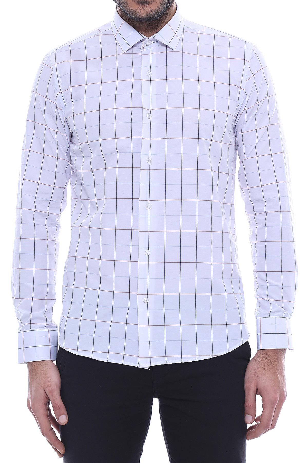 White Slim Fit Plaid Men's Shirt | Wessi