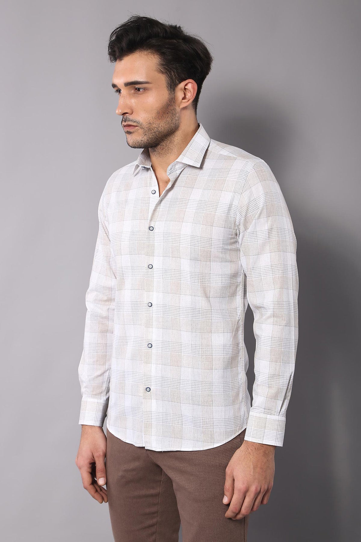 Slim Fit Checked Beige Shirt - Wessi