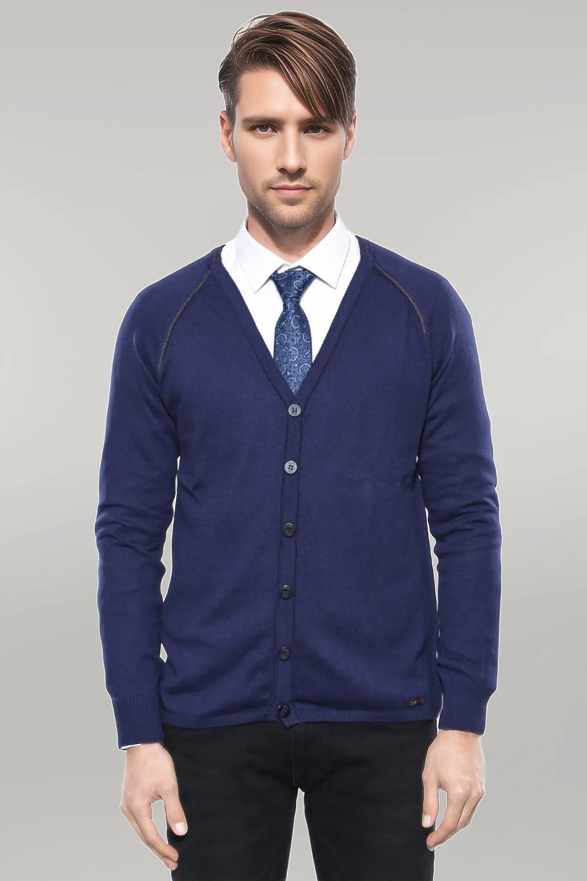 Navy Blue Quilted Jacket, Navy Trousers, White Shirt, and Knit Cardigan Ensemble - Modern Winter Style - Wessi