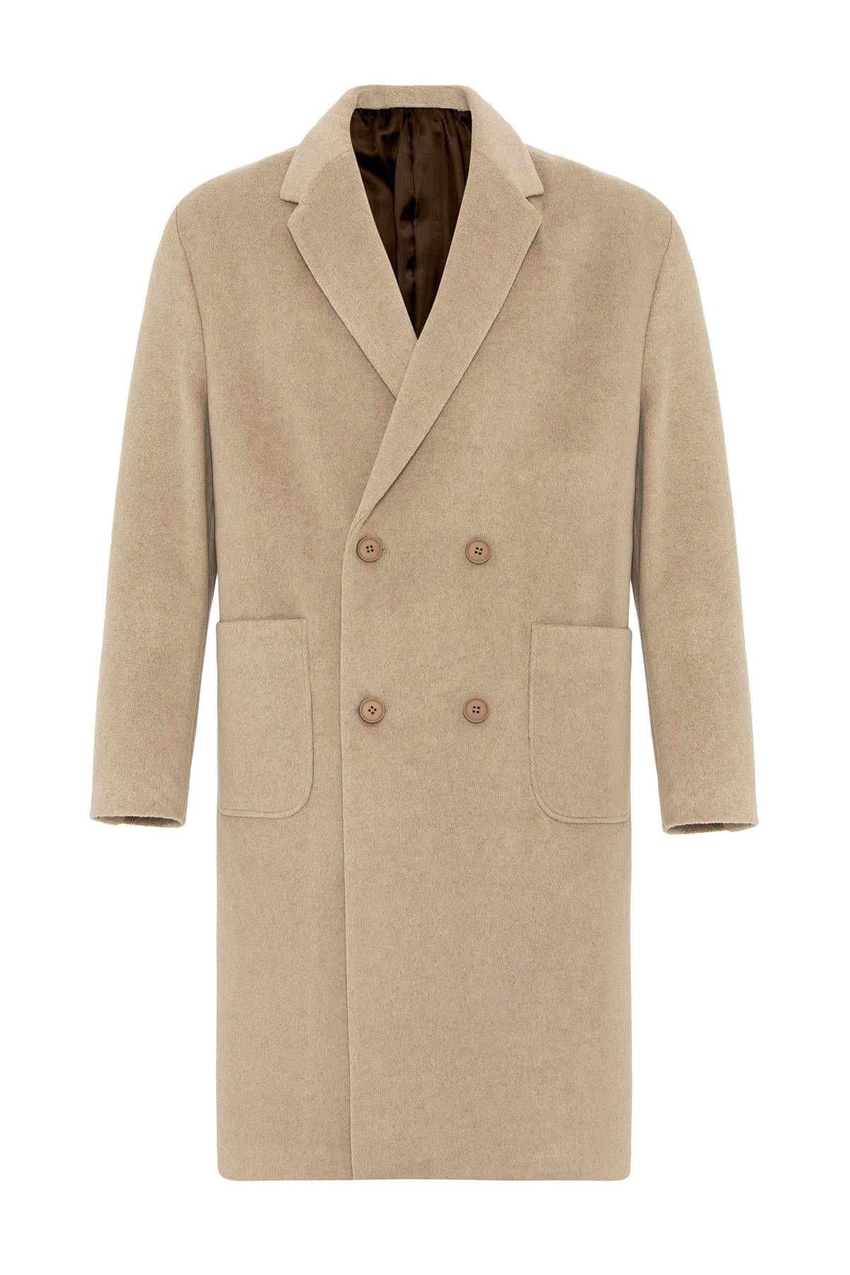 Beige Textured Double-Breasted Men's Coat - Wessi