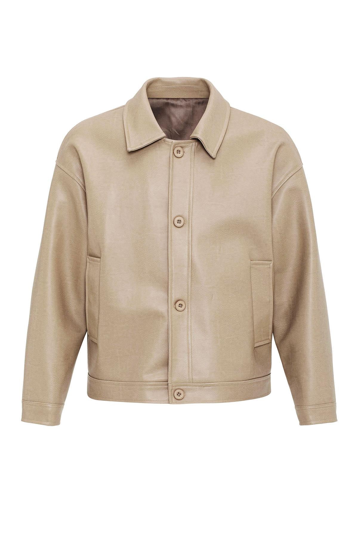 Beige Oversize Faux Leather Men's Jacket - Wessi