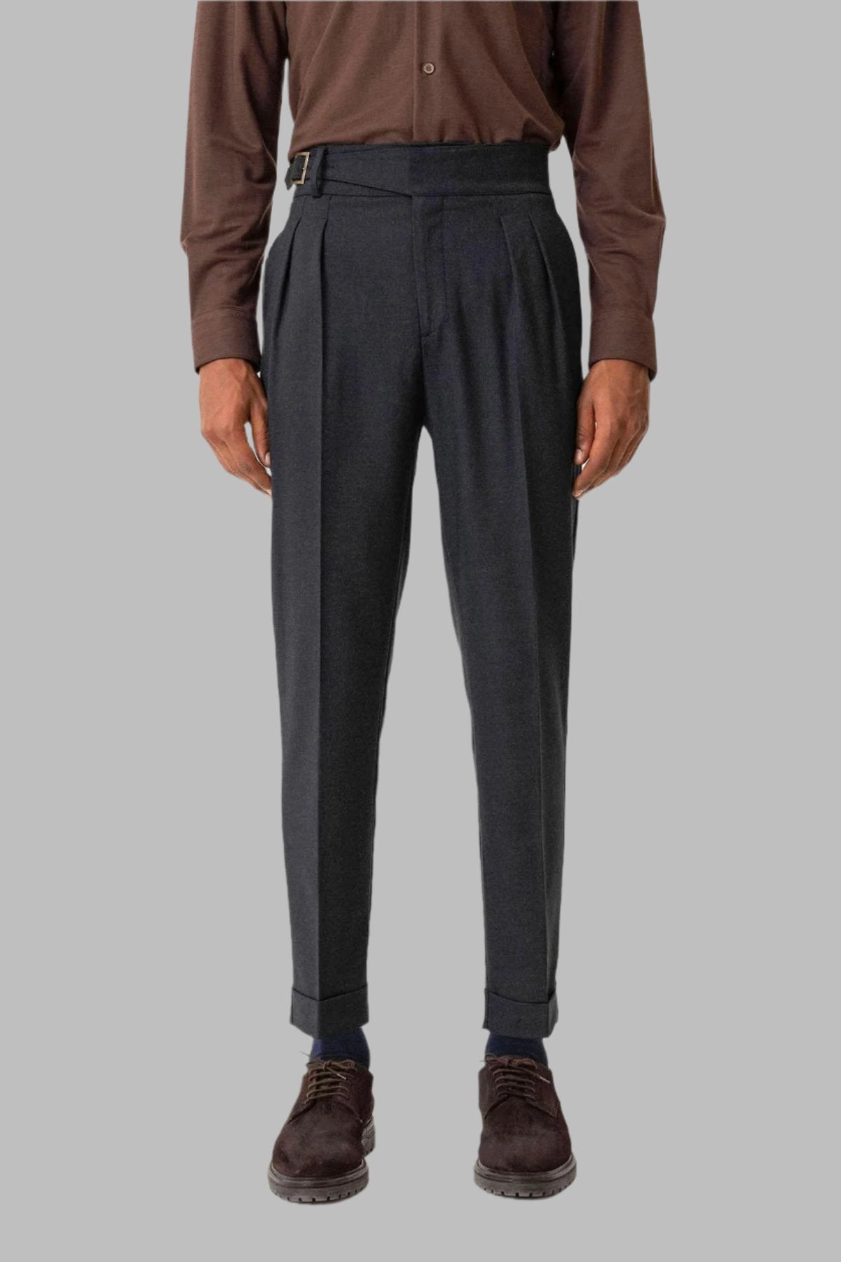 Navy Pleated Men's Trousers with Buckle Detail - Wessi