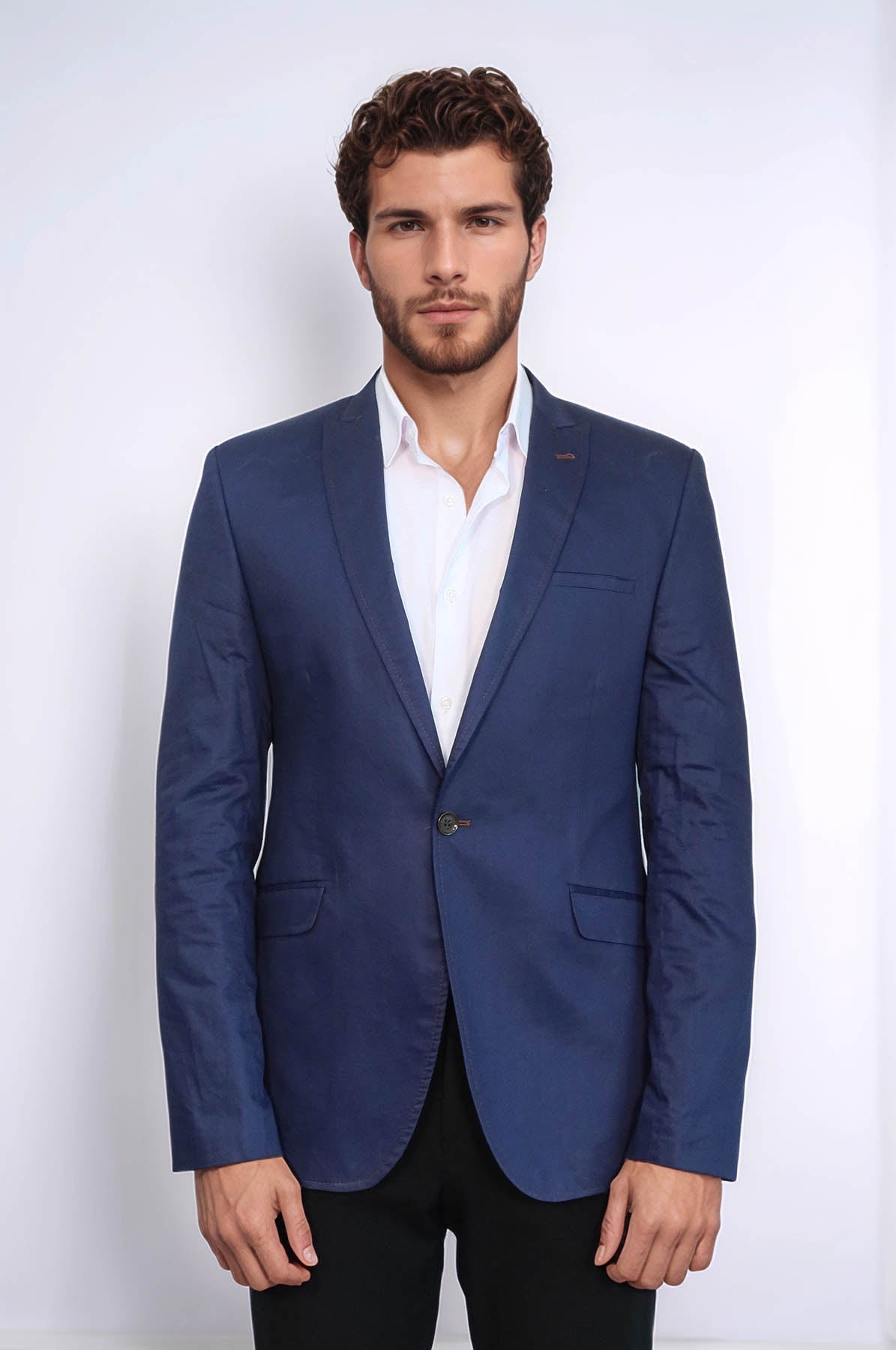 Single Button Cotton Mono Lapel Dark Blue Jacket-Wessi
