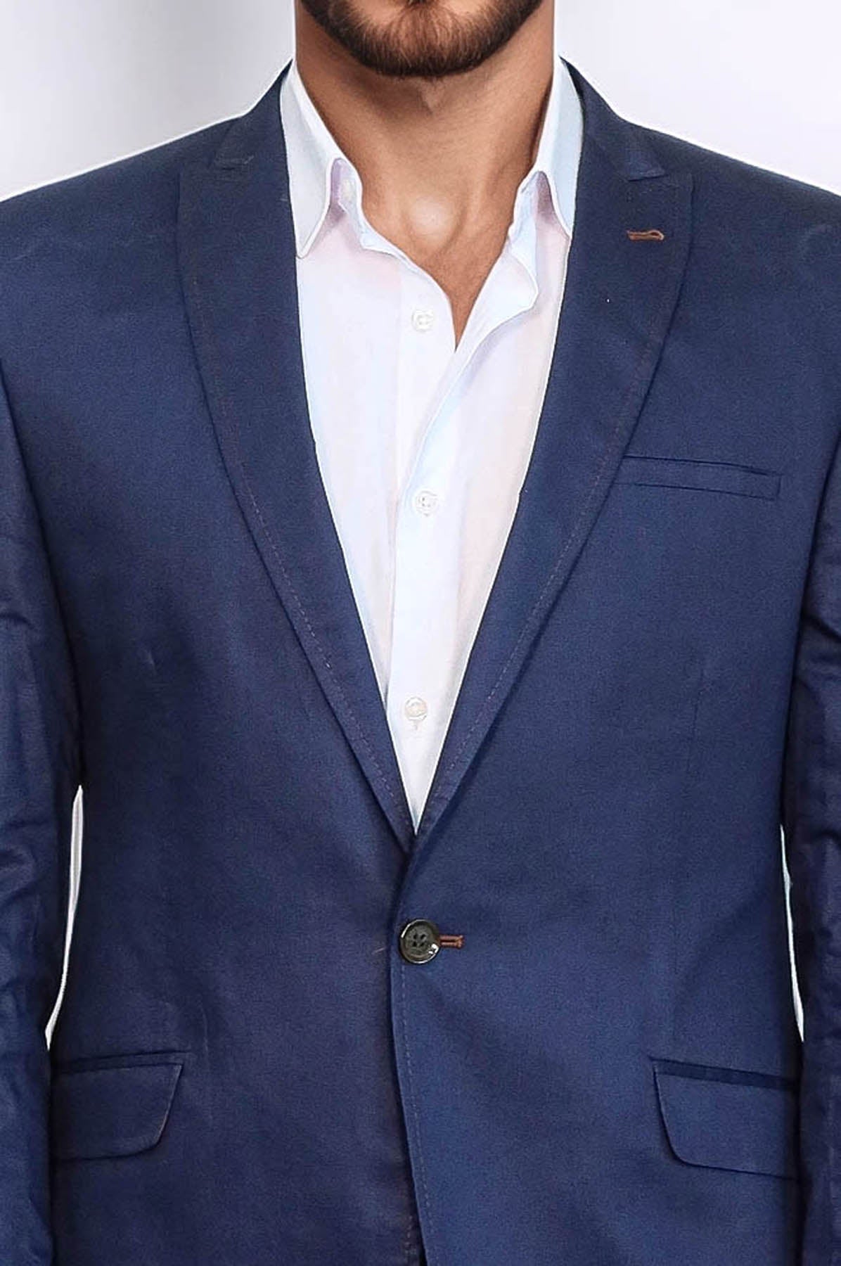 Single Button Cotton Mono Lapel Dark Blue Jacket-Wessi