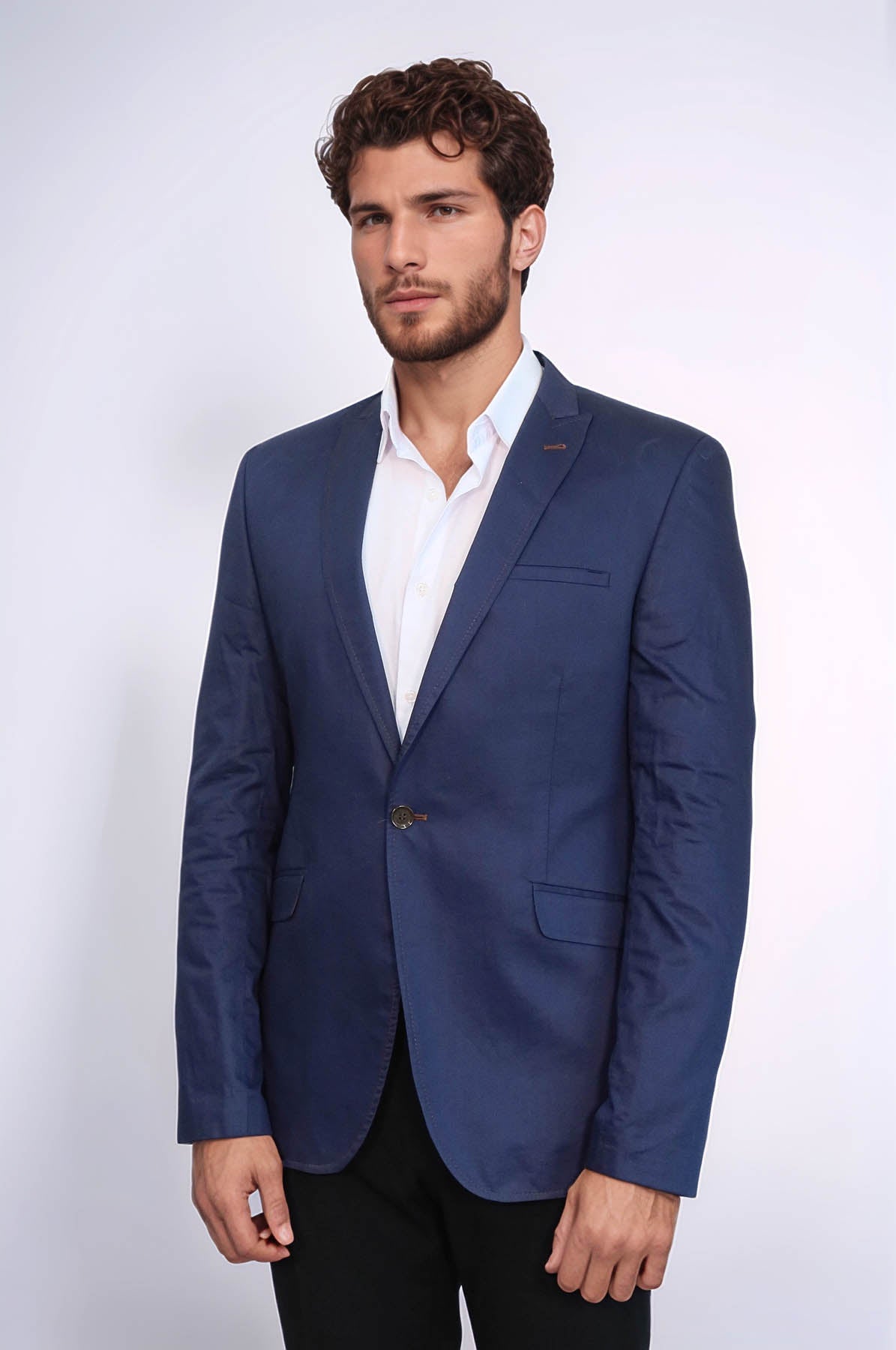 Single Button Cotton Mono Lapel Dark Blue Jacket-Wessi