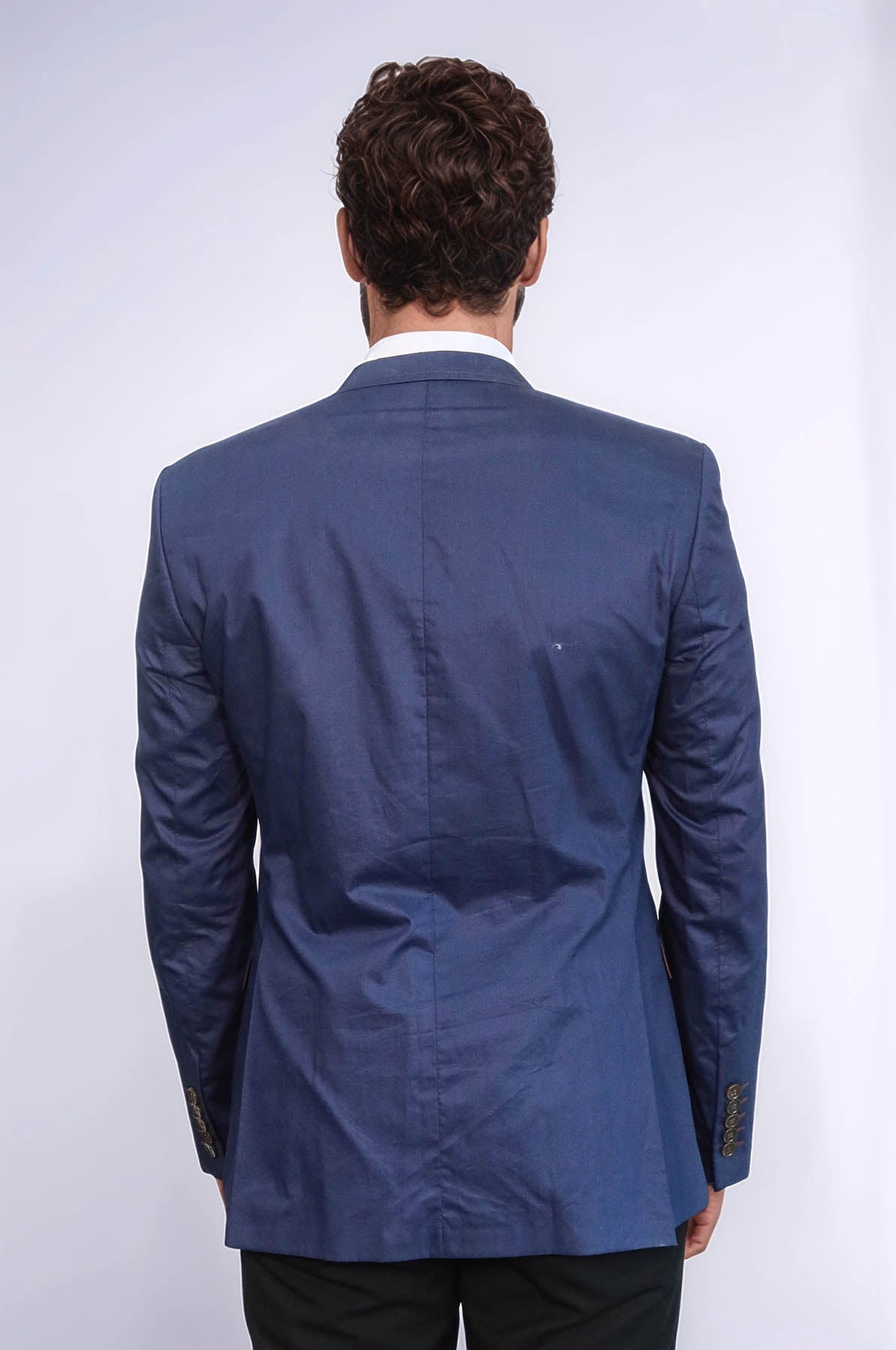 Single Button Cotton Mono Lapel Dark Blue Jacket-Wessi