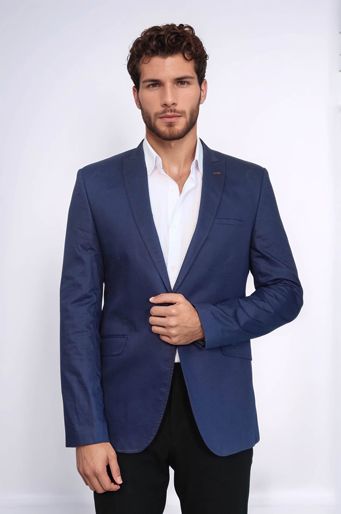 Single Button Cotton Mono Lapel Dark Blue Jacket-Wessi