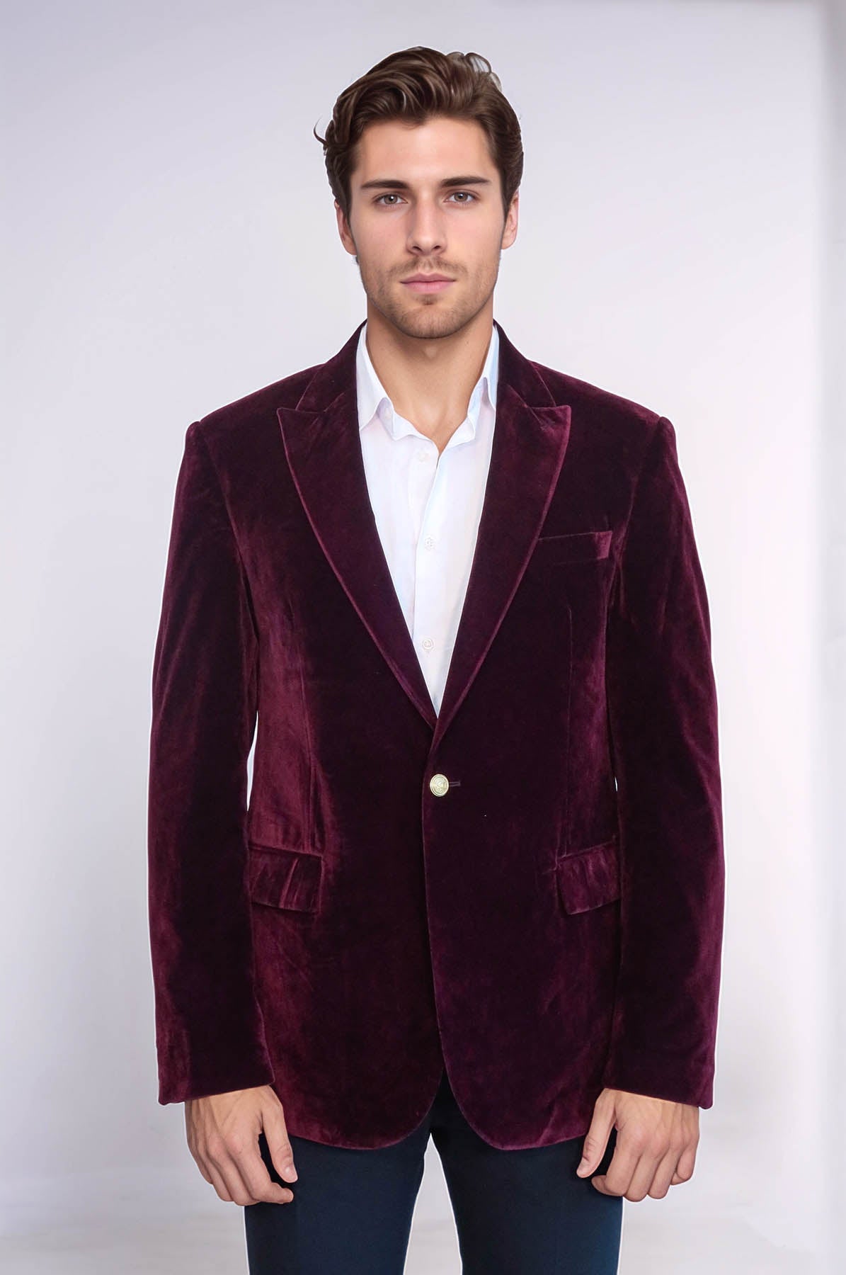 Wide Peak Lapel Velvet Burgundy Blazer - Wessi