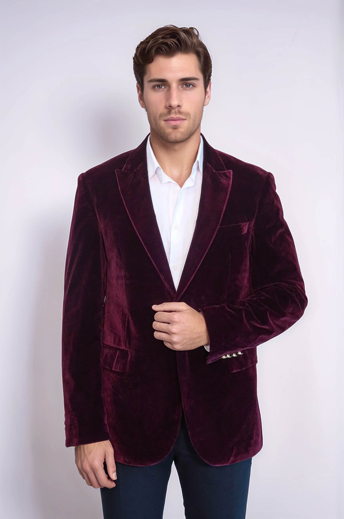 Wide Peak Lapel Velvet Burgundy Blazer - Wessi