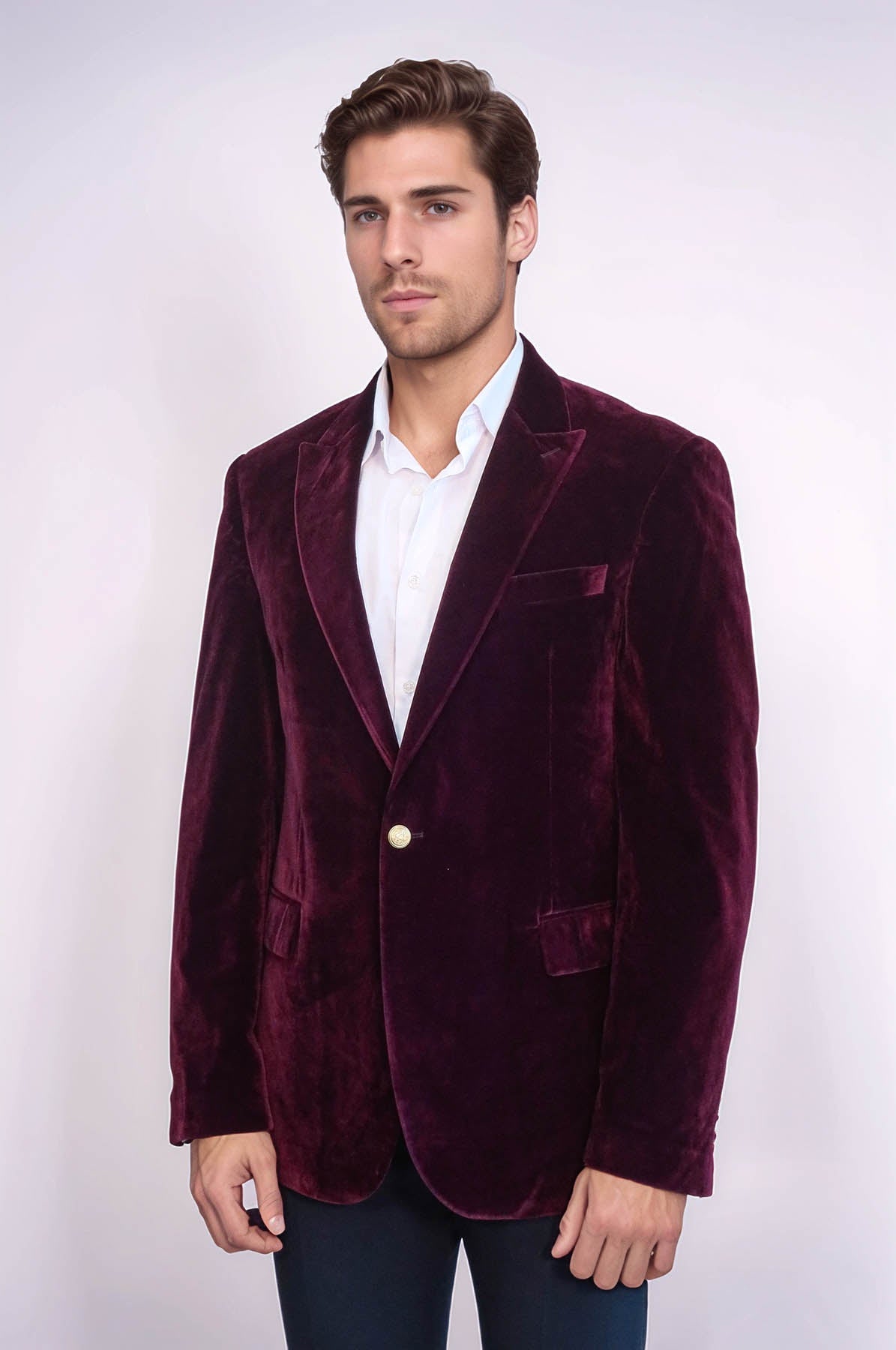 Wide Peak Lapel Velvet Burgundy Blazer - Wessi