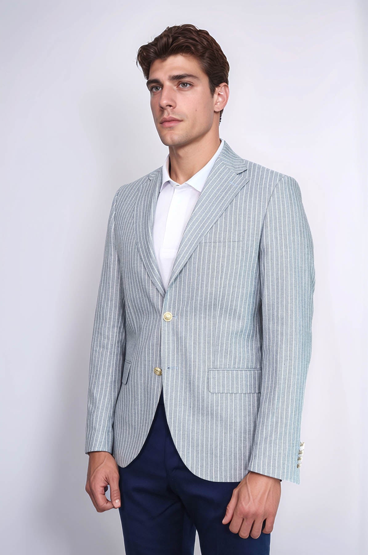 Light Blue Striped Linen Gold Metal Button Slim Fit Men's Blazer Jacket - Wessi