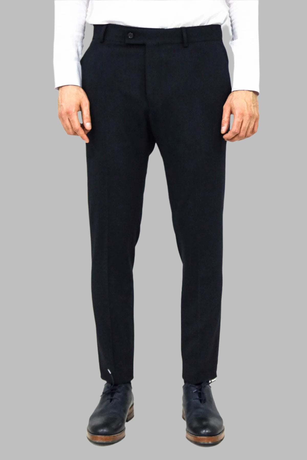 Navy Blue Quilted Jacket, Navy Trousers, White Shirt, and Knit Cardigan Ensemble - Modern Winter Style - Wessi