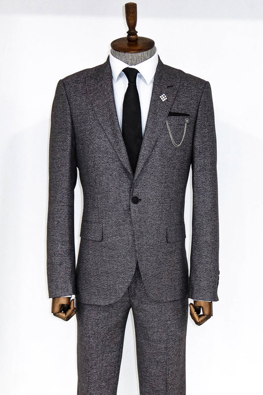 Slim Fit Houndstooth Patterned 2 Piece Grey Men Suit - Wessi