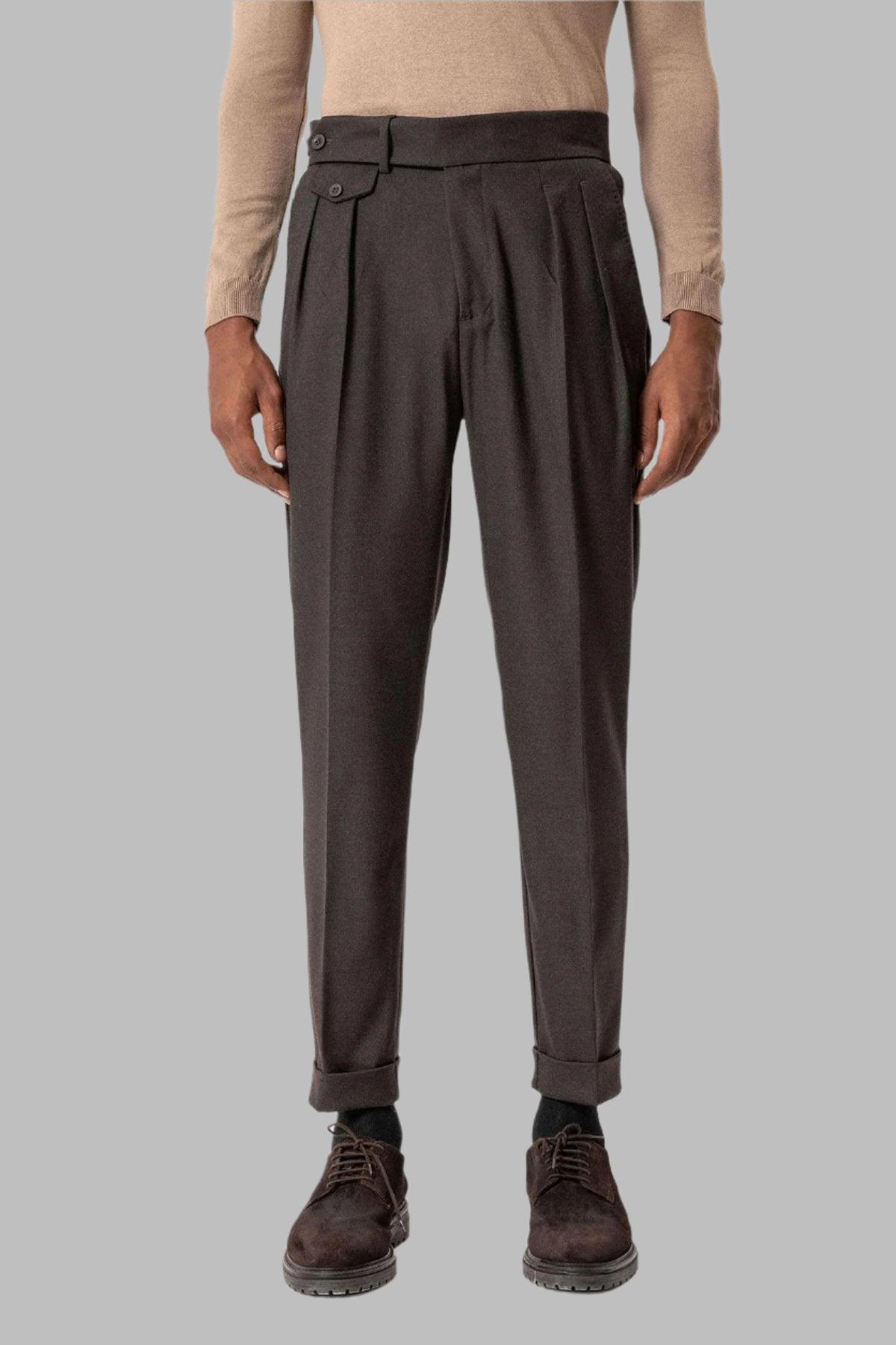 Brown High-Waisted Pleated Technical Men's Trousers - Wessi