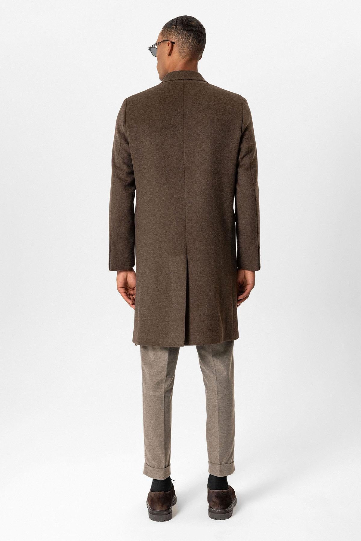 Brown Wool-Blend Double-Breasted Men's Coat - Wessi