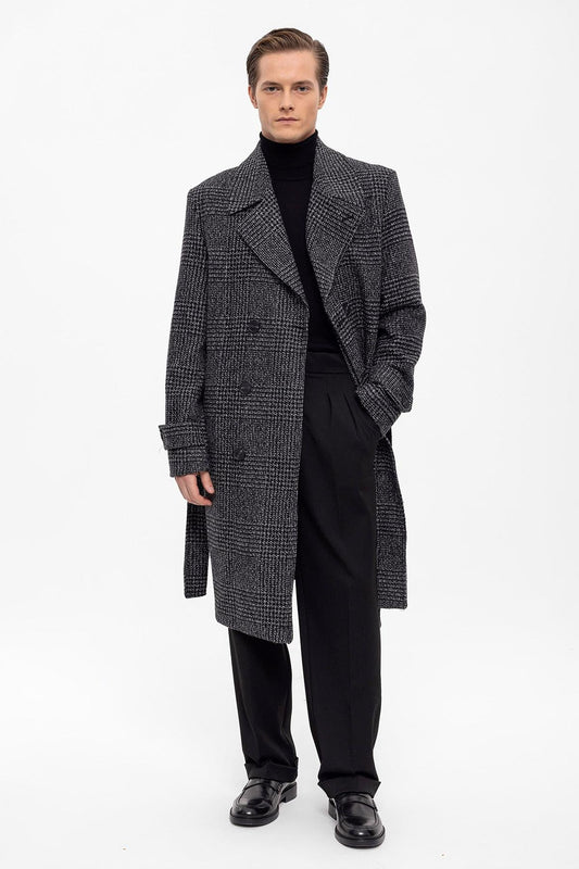 Belted Double Breasted Closure Plaid Men's Coat - Wessi