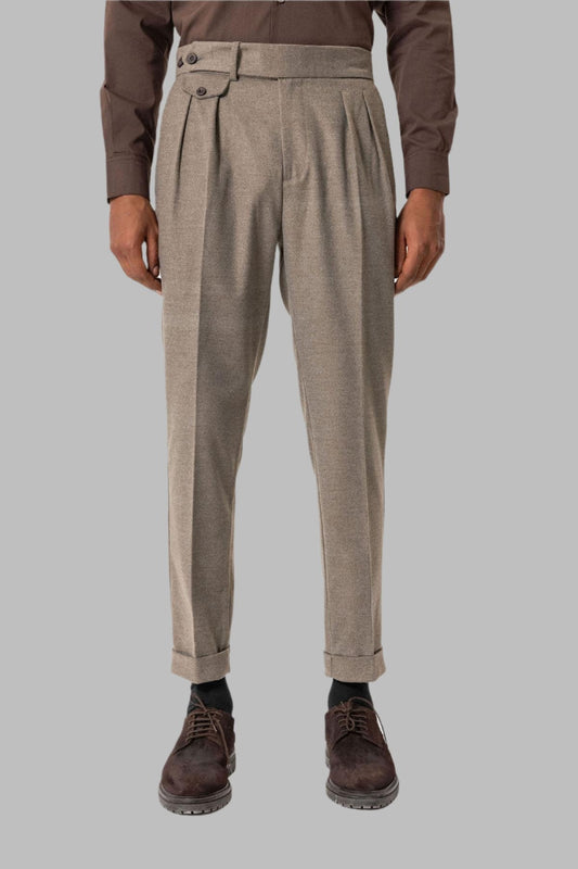 Light Brown High-Waisted Pleated Technical Men's Trousers - Wessi