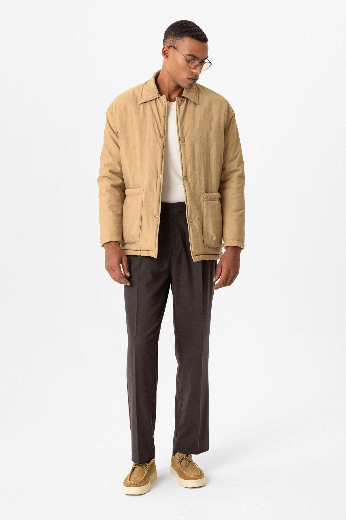 Taupe Lightly Padded Men's Jacket with Cargo Pockets - Wessi